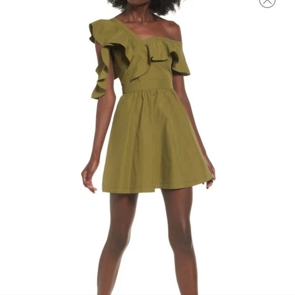 J.O.A olive green asymmetrical ruffle sleeve dress size medium - Picture 1 of 8